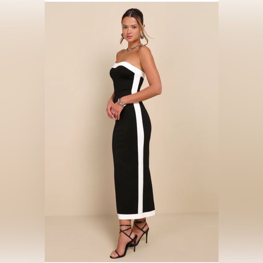 New Lulus Impressive Edge Black Color Block Strapless Midi Dress Size Large - Picture 3 of 5